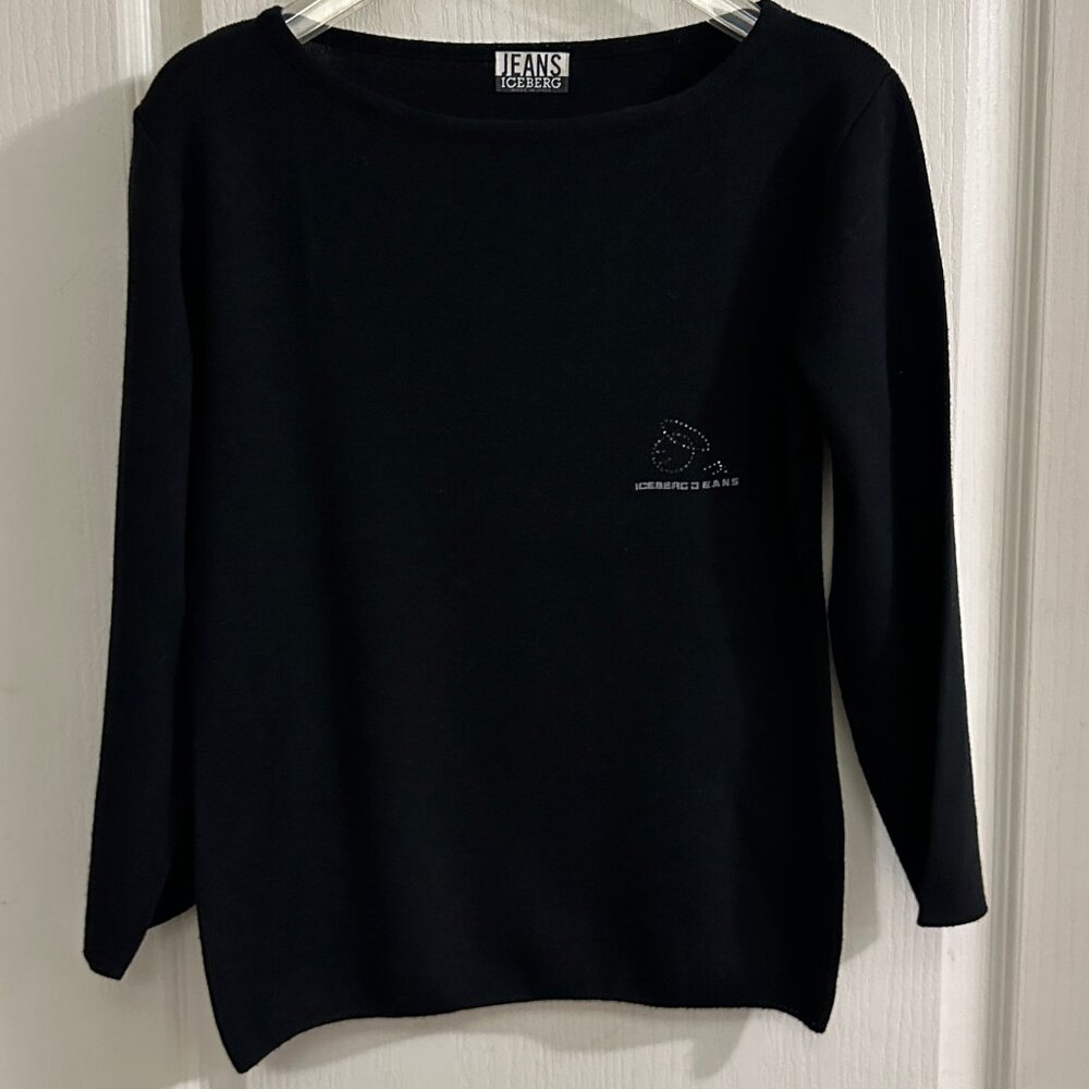 Vintage Iceberg Jeans Women Black Wool Blend 3/4 Sleeve Sweater Size Medium
